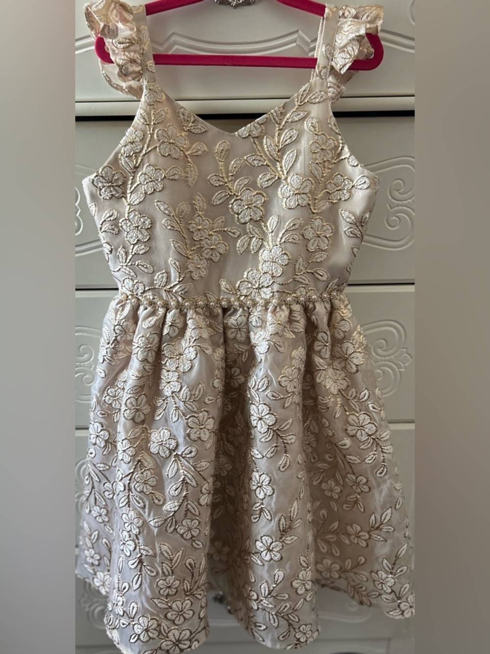 Rare Editions Ivory Dress with Gold Floral Embroidery